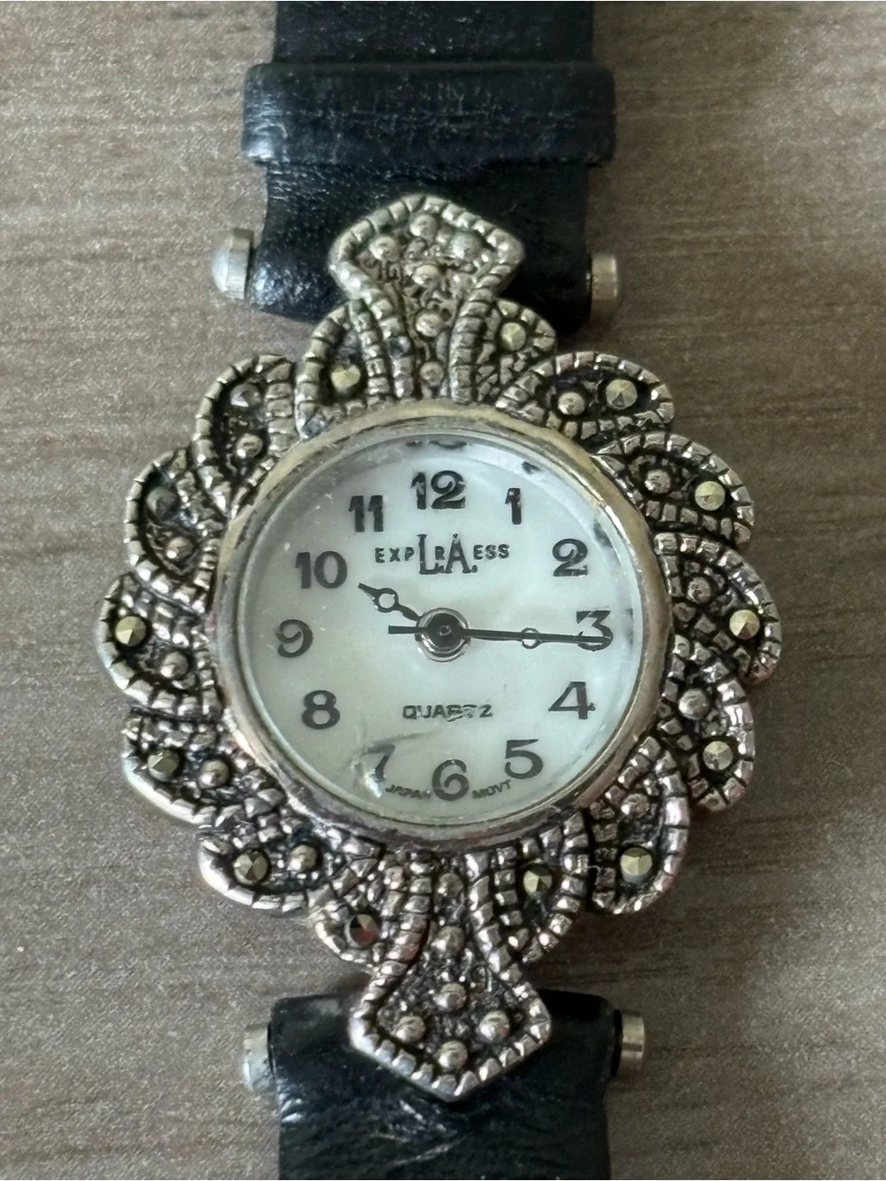Express LA Marcasite Style Watch Black Leather Band Vintage Inspired Quartz